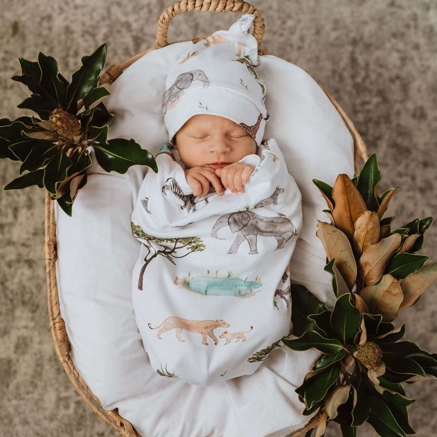 SNUGGLE HUNNY KIDS - SWADDLE & BEANIE SET (SAFARI)