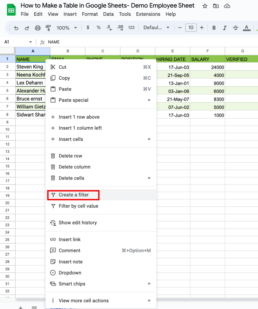 How to make a table in Google sheets- Create a filter