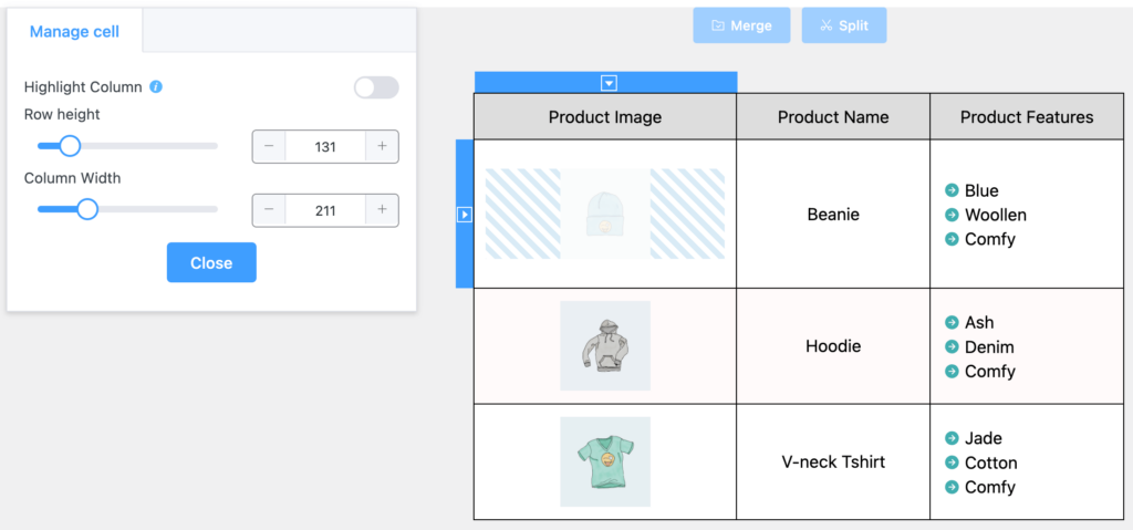 Column Highlight, Size, & Merge/Split in Ninja Tables Drag and Drop Table